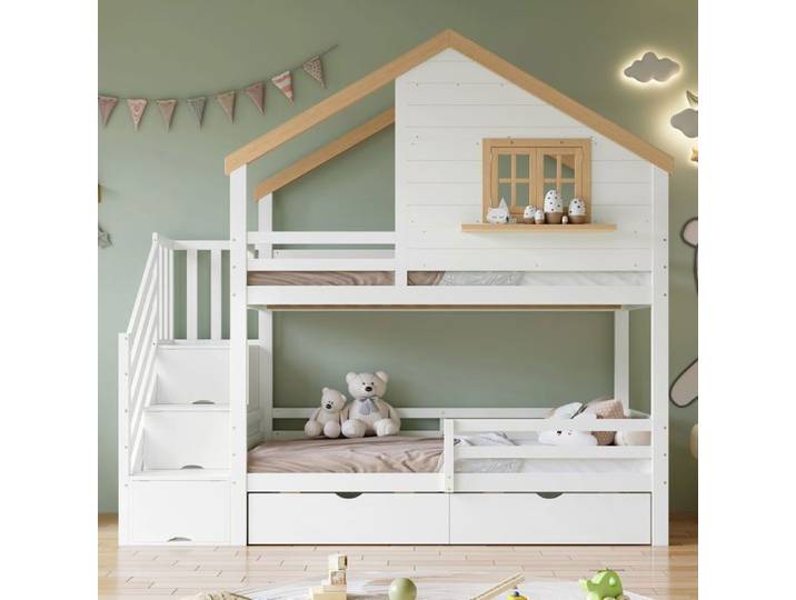 Lit superposé cabane - WESTYLE - 90x200 - Escalier avec rangements - Grand tiroir - Pin massif blanc