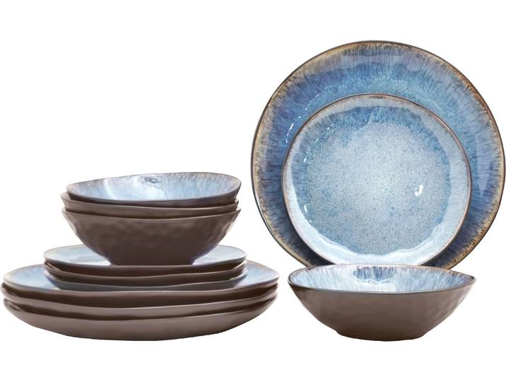 Tafelservice GOODPRODUCT Teller Set, Service Allden , blau (aquablau, graublau, stahlblau), 12 Stk., Steinzeug, Geschirr-Sets, Tafelservice, Teller Set, jedes Stück ein Unikat, 12 Teile, für 4 Personen