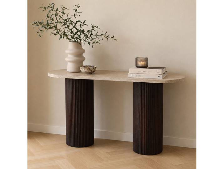 alesvelt Konsolentisch TRIVENTO Ovaler Design in Travertin-Optik mit Rillen-Säulen, 150 cm, Braun, Beige, Travertin-Optik