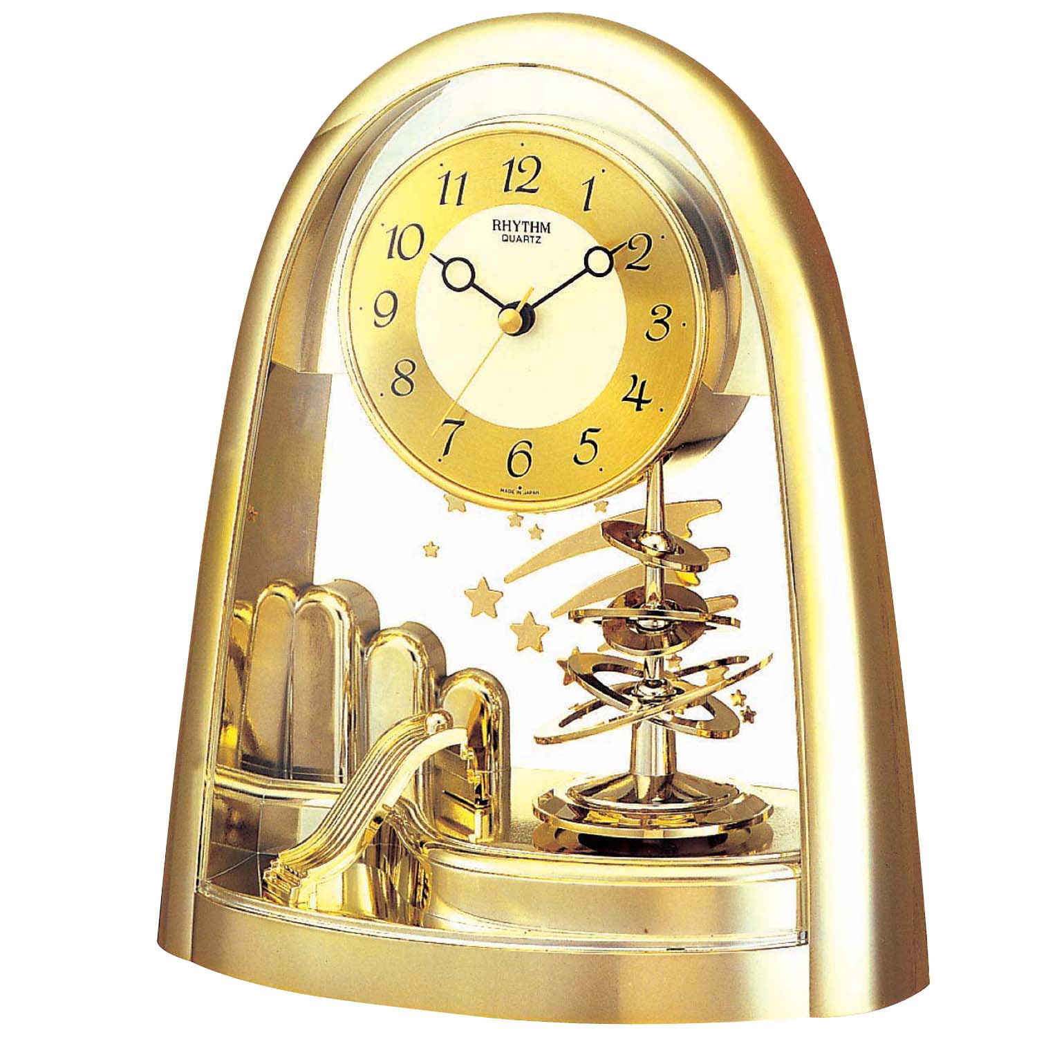 Rhythm 7607/9 wandklok met quartz uurwerk en draaiend pendulum, goudkleurige behuizing