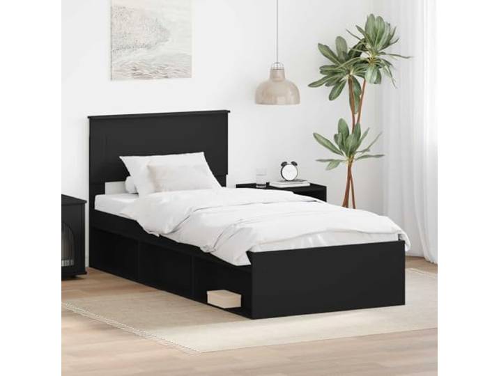 Modernes Holzwerkstoff Bettgestell Schlankes Design 90 x 200 cm Schwarz Bettgestell mit Kopfteil Schwarz 90x200 cm Holzwerkstoff Einzelbett Lattenrost Stabil Modern
