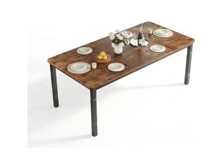Table à Manger Industrielle Moderne-Plateau Bois rétro à jetons biseautés Pieds métal Robustes-pour 6-8 Personnes Noir + Rétro