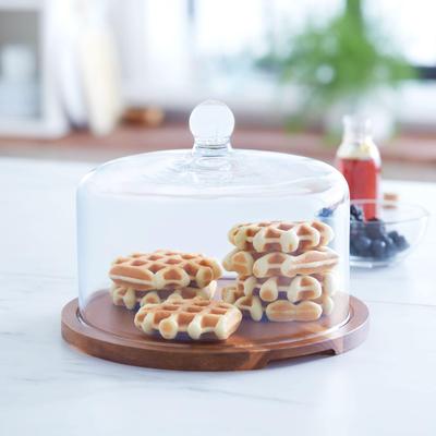 Libbey Acaciawood Flat Round Wood Server Cake Stand with Glass Dome - 2 Piece Set