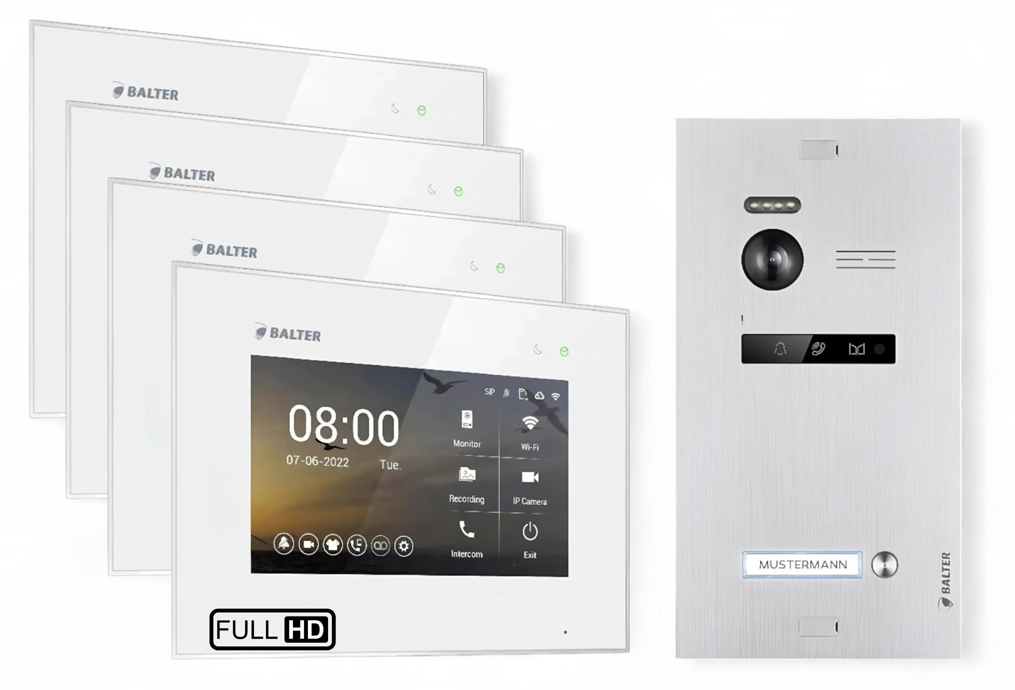 BALTER EVO HD Silber Video Türsprechanlage Set 1 Teilnehmer 4x7" Monitor Weiß