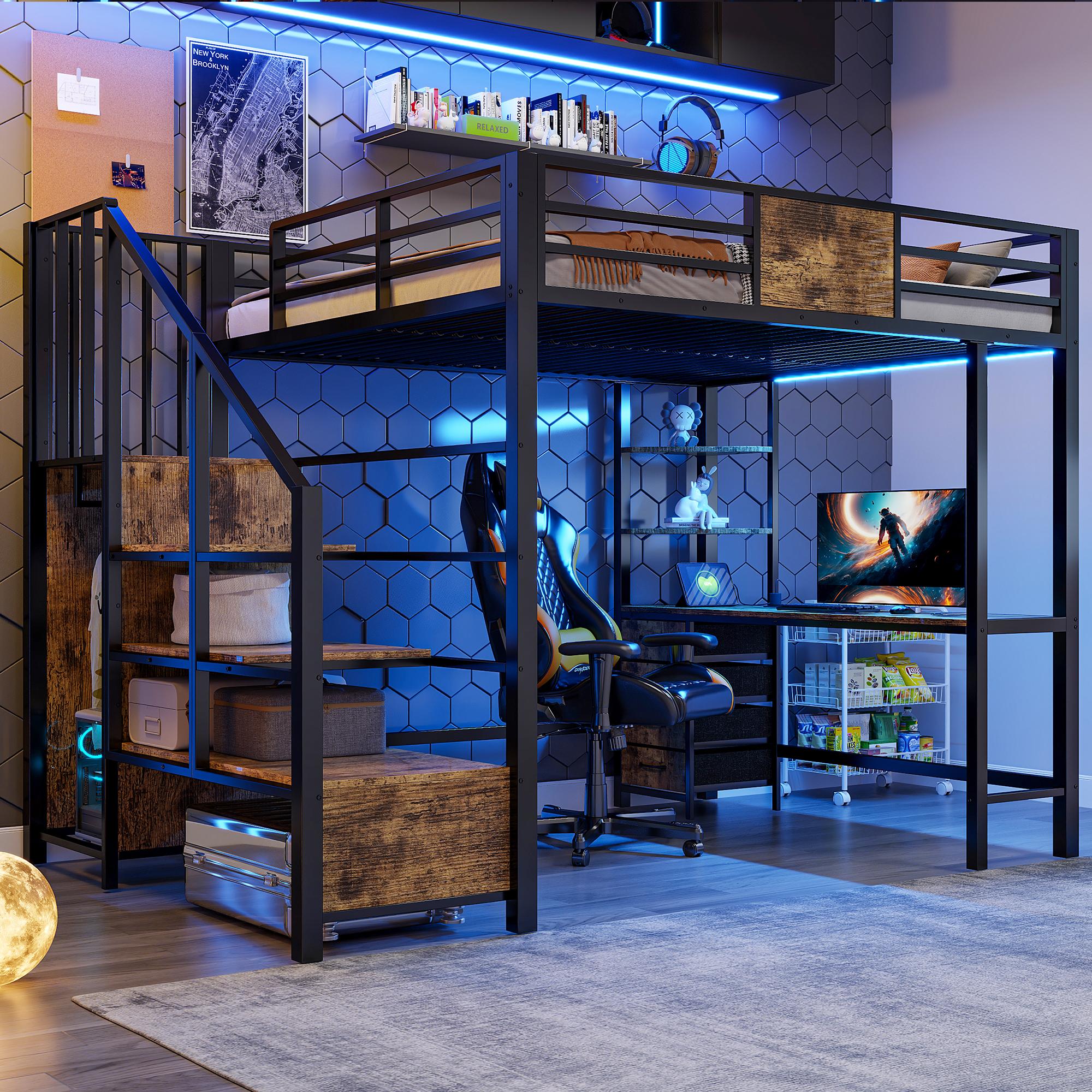 Merax Hochbett Etagenbett 140x200cm mit Schreibtisch, Metallbett mit LED-Beleuchtung und Kleiderstange, Kinderbett mit Steckdose,Ablagefächern,Schwarz
