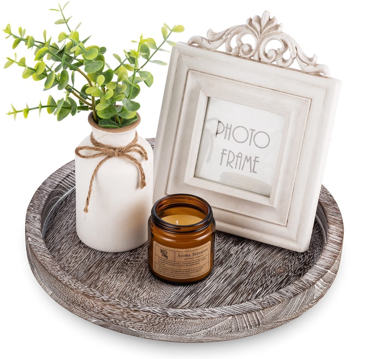Dailygoods Rond houten kaarsendienblad met rustieke kandelaar voor stompkaarsen