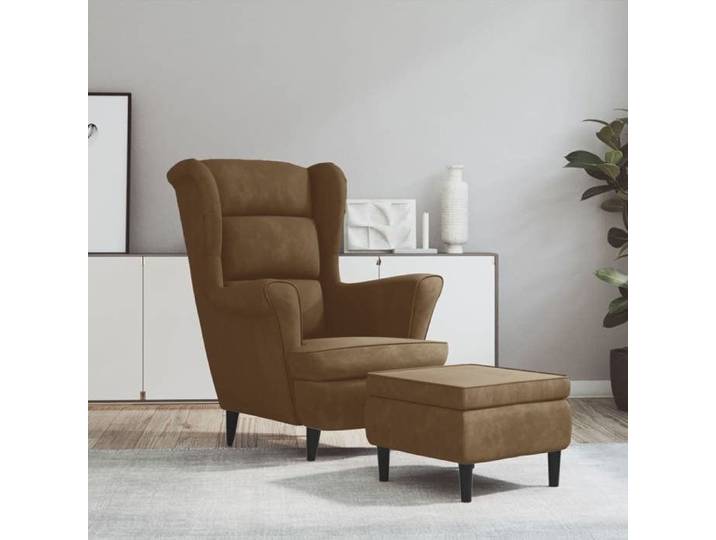 Fauteuil à oreilles avec tabouret marron velours 3115939