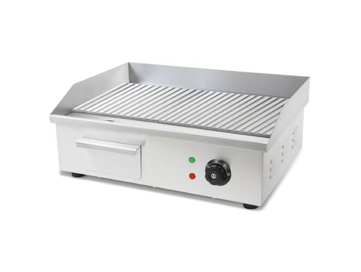 VERTES Plancha Professionnelle 3000W en Acier Inox (Surface de Gril Rainurée 55x35cm\, Thermostat\, Température 50-300°C\, Protection Contre les Éclaboussures et la Chaleur\, Bac de Récupération)