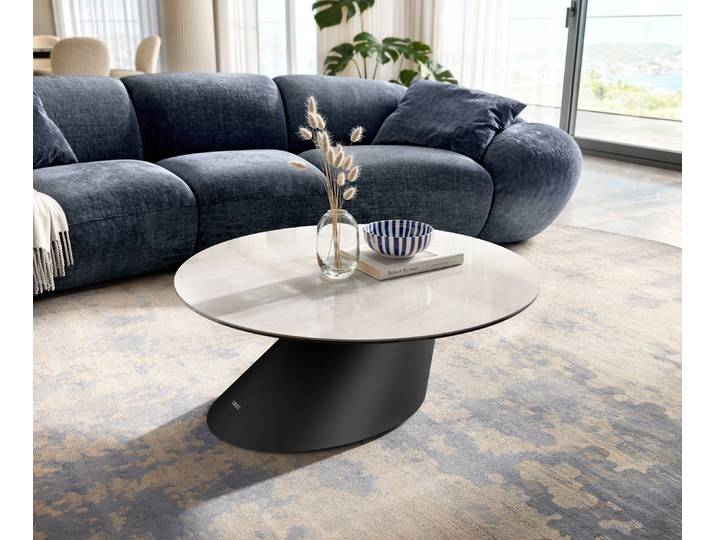 Couchtisch Edge Rund 90x90 cm Keramik Onyx Champagne Conis Metall Schwarz, Couchtische