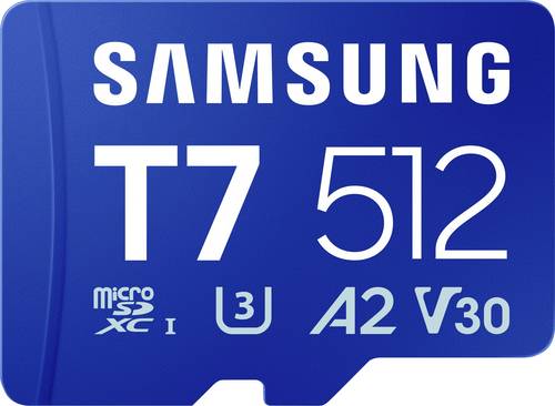 Samsung T7 microSDXC-Karte Retail 512GB UHS-I U3, A2 Application Performance Class, Class 10, v30 Video Speed Class