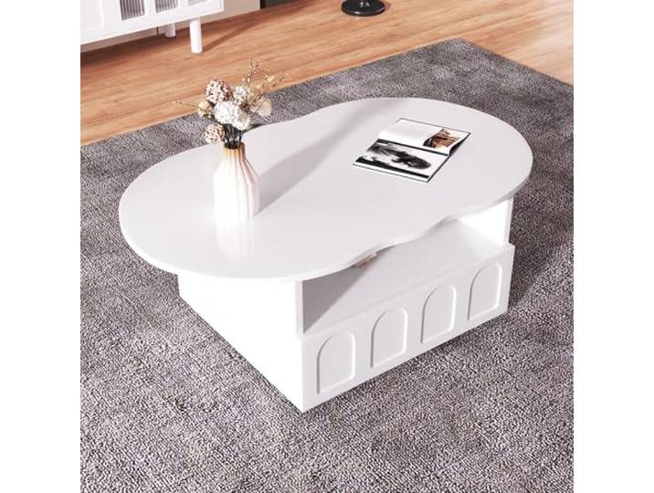 FurnitureR Elegantes Weißes Bistrotisch, Wellenförmiges Design, Praktisches Stauraum, Robust MDF Struktur, Vielseitiger Einsatz für Zuhause oder Büro