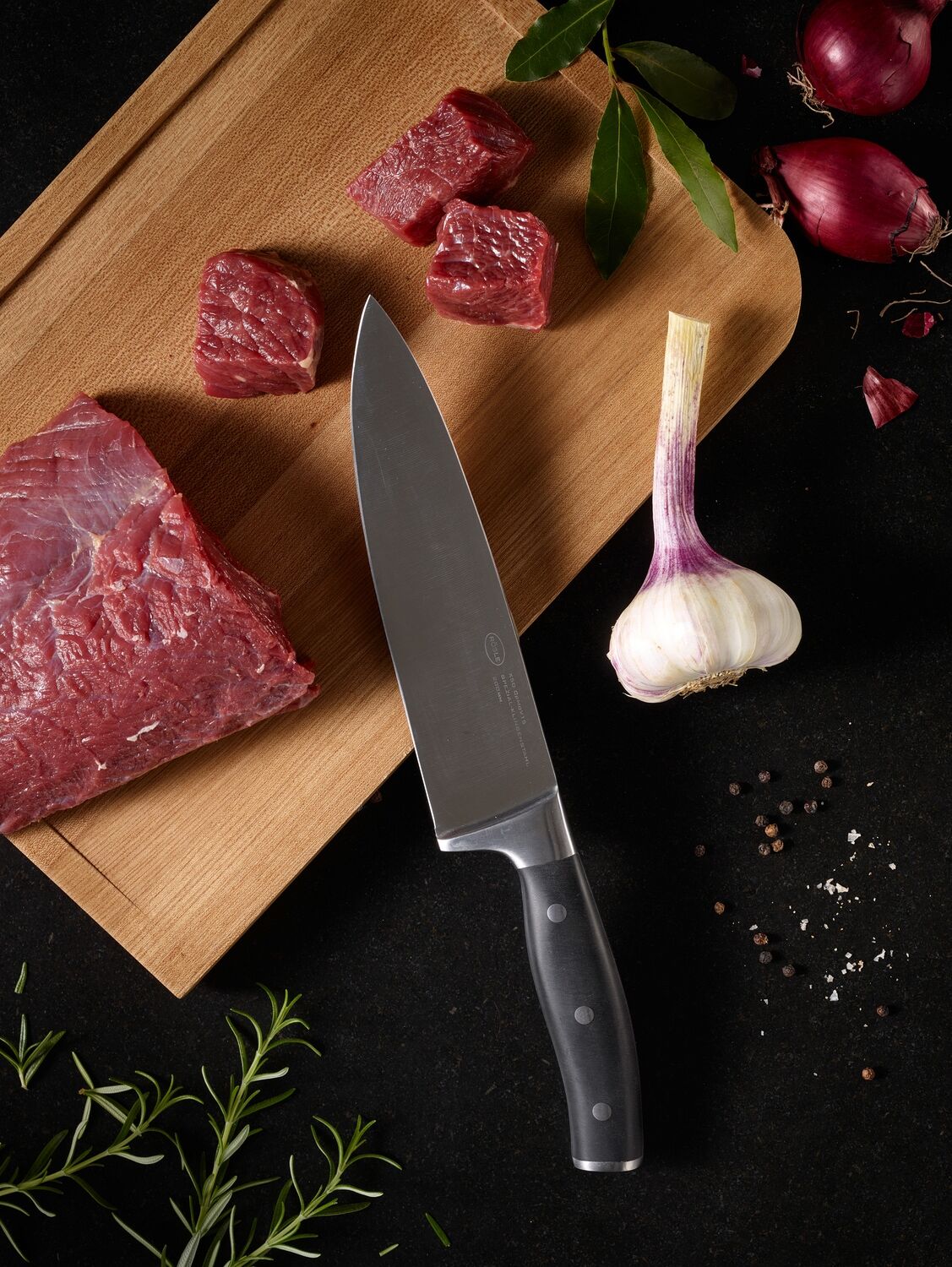 Kochmesser RÖSLE "Tradition", silber (silberfarben, schwarz), Klingenlänge 20cm, X50 CrMoV15 Klingenstahl, Kochmesser, Kochmesser, Küchenmesser für Fleisch, Fisch und Gemüse, Klingenspezialstahl