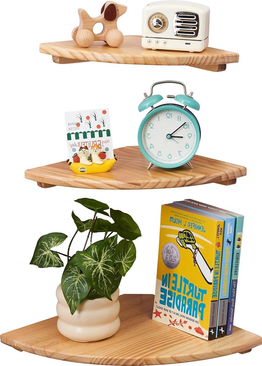 Set van 3 zwevende hoekplanken voor decoratie en opbergen, natuurlijk grenenhout