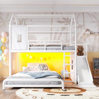 GREATPLANINC House Metal Bunk Bed with Slide Ladder LED Light Storage Cabinet