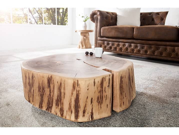 Baumstamm Couchtisch GOA 60cm natur Akazie Massivholz rund mit Rollen Unikat Sofatisch Wohnzimmertisch