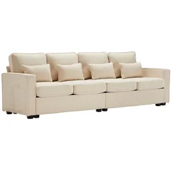Viersitzer-Sofa 264x83x87 cm Leinenstoff Couch mit Stauraum Aufbewahrungstaschen 4 Kissen Wohnzimmer Komfort Beige