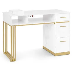 BarberPub Manikürtisch mit 3 Schubladen & 2 Ablagen, Nageltisch mit Absaugung, 2 Staubsaugerbeuteln, Nagelfrisiertisch Holz, Schreibtisch für Nagelstudio, Marmor-Weiß Gold, 57x112x80cm, 2472