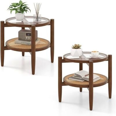 Costway Set of 2 Rattan Round Side End Table with Tempered Glass Tabletop-Walnut