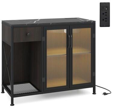 Costway Buffet Sideboard with Doors Power Outlets and LED Light-Black