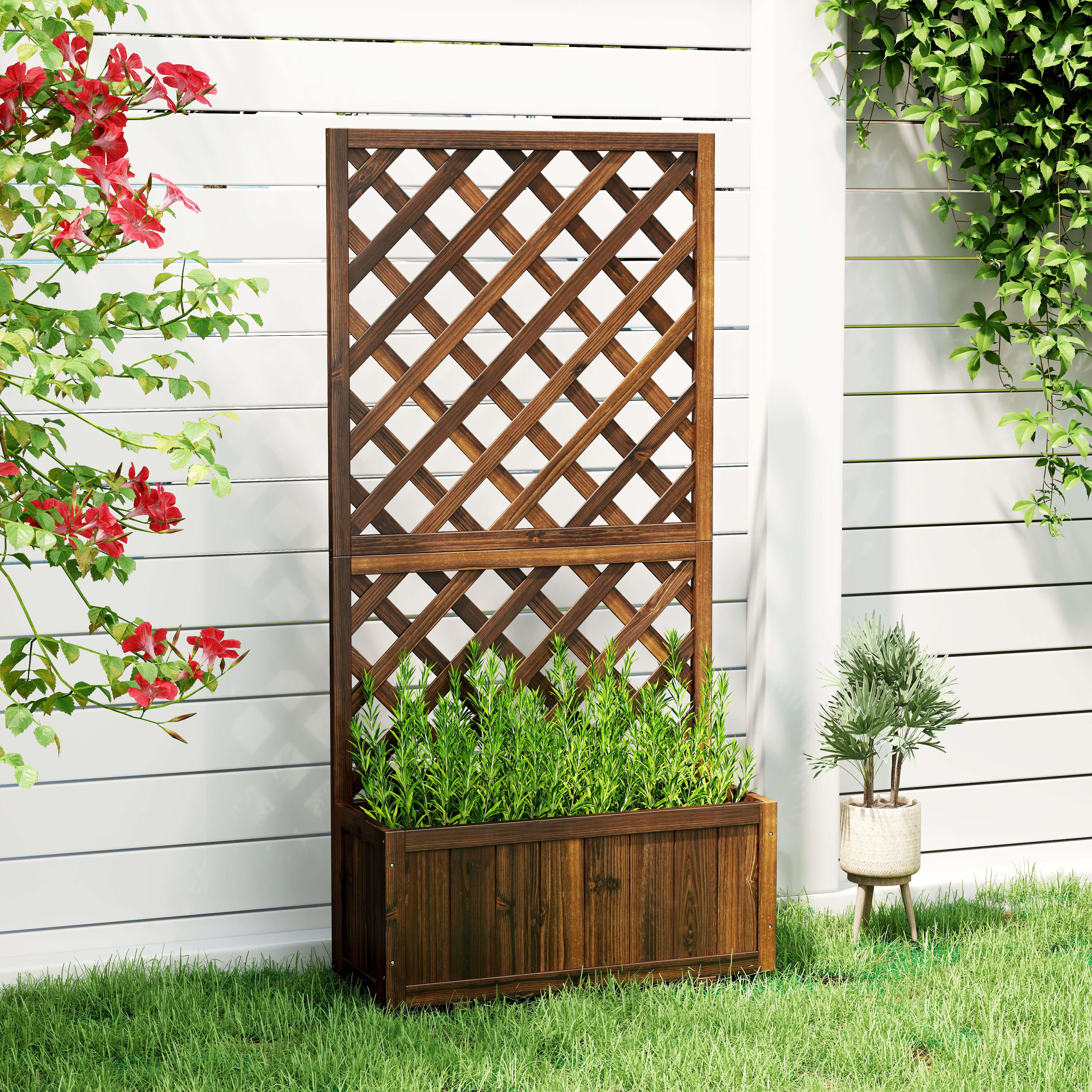 Outsunny Fioriera da Esterno con Grigliato per Rampicanti e Vaso, in Legno di Abete, 72.5x31.5x149.5 cm Aosom