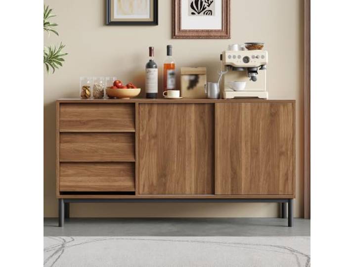 Merax Sideboard mit 3 Schubladen, Küchenschrank mit 2 Schiebetüren, Vorratsschrank mit Arbeitsplatte für Küche und Wohnzimmer, 40x150x80cm, Walnussfarbe