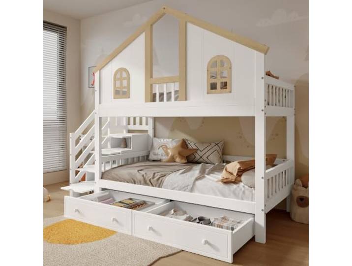 BXEYXE Kinder Etagenbett 90x200 cm mit Stauraumtreppe, Hausbett in Weiß/Natur, Doppelstockbett mit Fensterdesign, großen Schubladen und Rausfallschutz