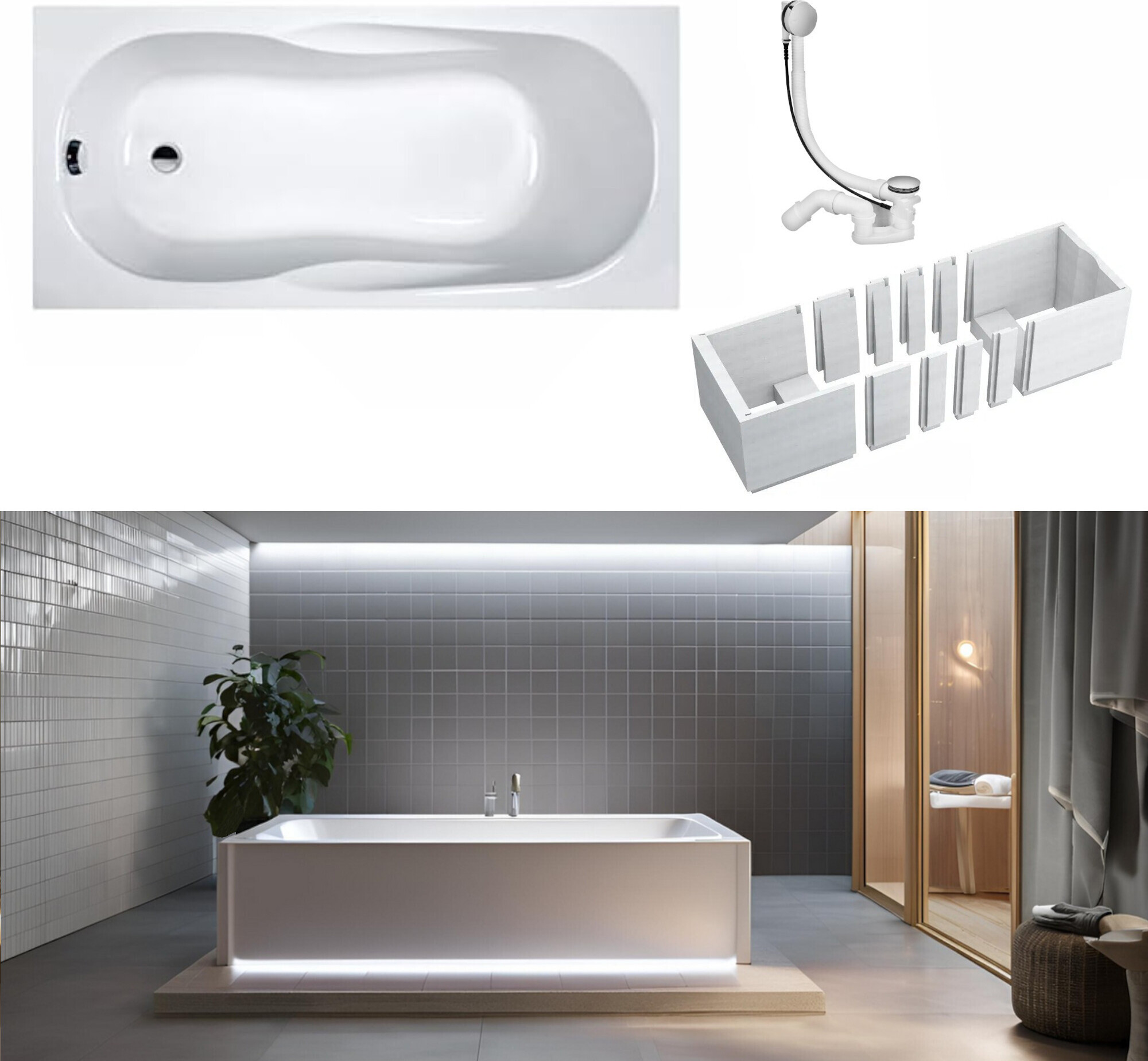VBChome Badewanne 150 x 70 cm Weiß Acryl Platz für LED-Beleuchtung Styroporträger Wannenträger Siphon Wanne Rechteck Weiß Design Modern Ablaufgarnitur
