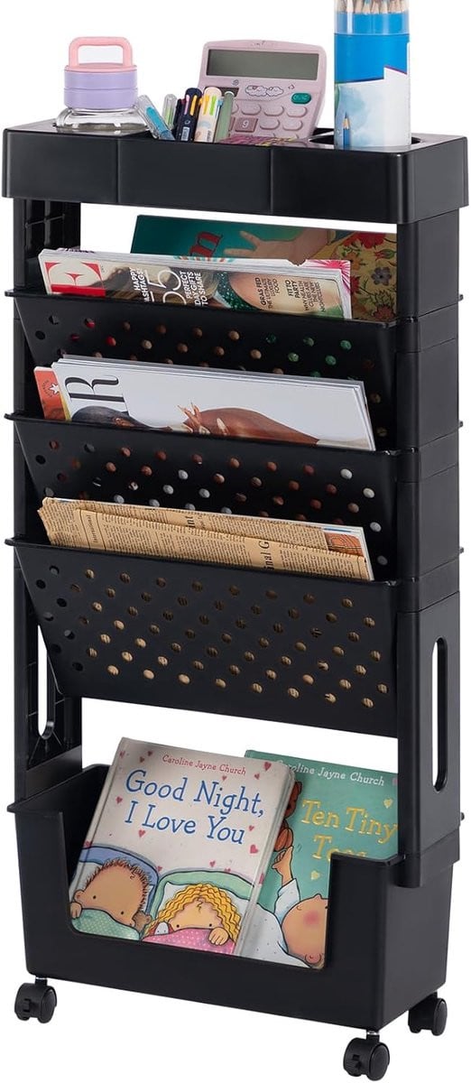 Thijox Mobiele Boekenplank met Wielen - 5-laags Slanke Rollende Boekenkast en Opbergtrolley