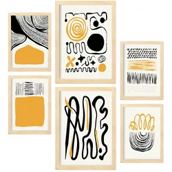 POSTER Set Mit 6 In Schwarzer Tinte Emotionen Künstlerische Und Abstrakte Drucke Für Innenarchitektur A3 & A4 Rahmen Aus Hellem Holz