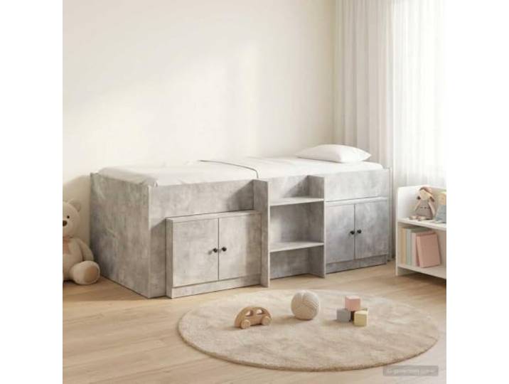 RJPLMFV Hochbett mit Schrank, Grau, Beton, Holz Integrierte Leiter, inklusive Latten, platzsparend, geräumige Aufbewahrung, einfache Montage