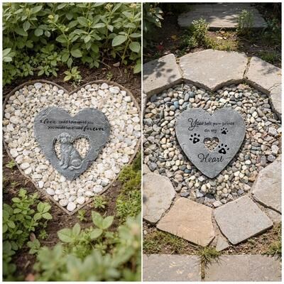 Glitzhome 2-Piece Cement Heart Shaped Paw Prints and Dog Memory Stepping Stones - 10 in