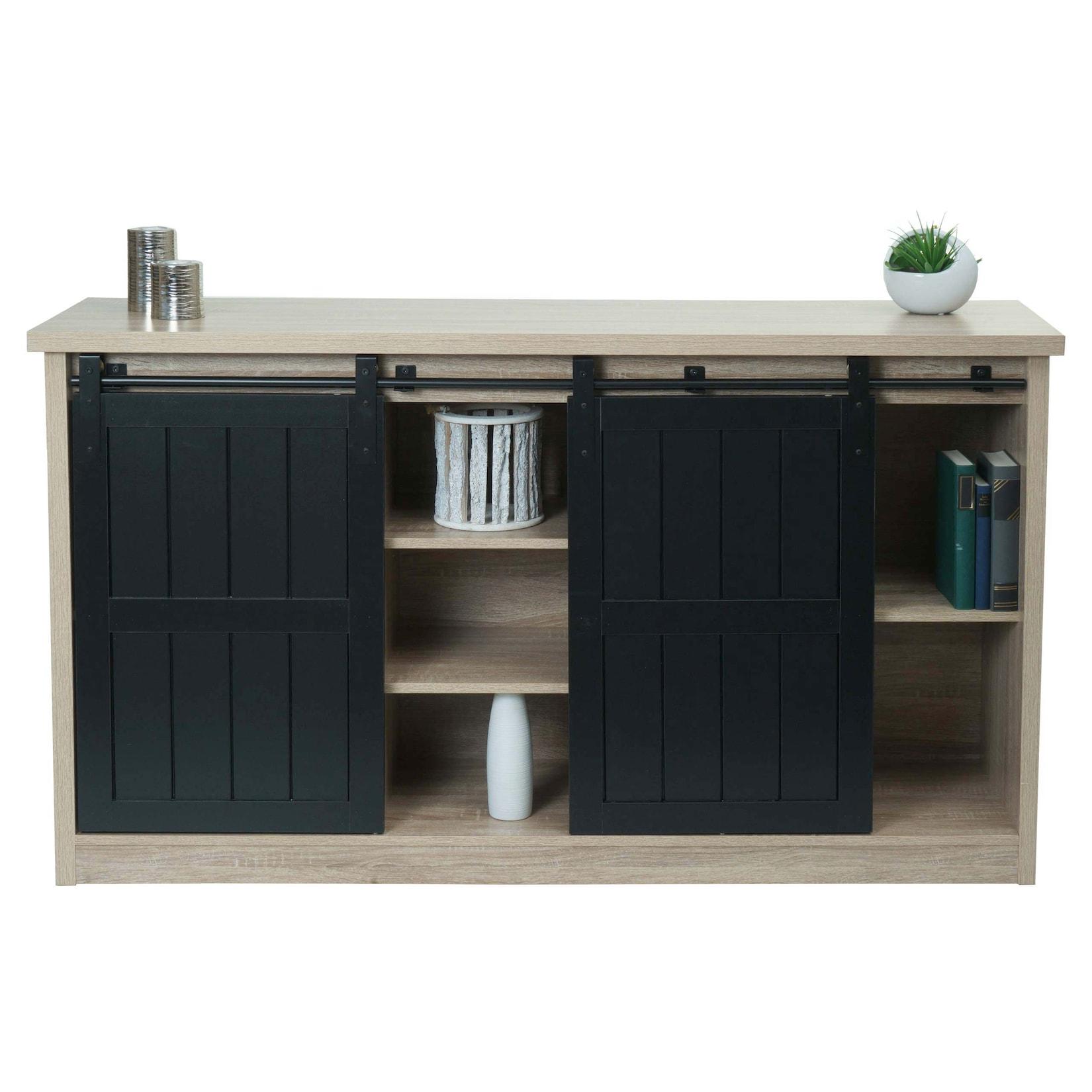 Sideboard MCW-K75, Highboard Regal Schrank Schiebetüre 7 Fächer Holz-Optik Industrial Metall 84x150x40cm ~ naturfarben