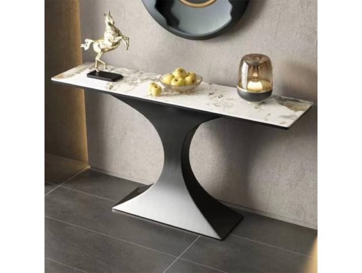 Moderner Konsolentisch Mit Marmorplatte, Schmaler Flurtisch Aus Metall Stabiler Stahlrahmen, Schmale Bauweise, Pflegeleichte Oberfläche, Luxuriöse Optik(Black,150cmW*35cmD*80cmH)
