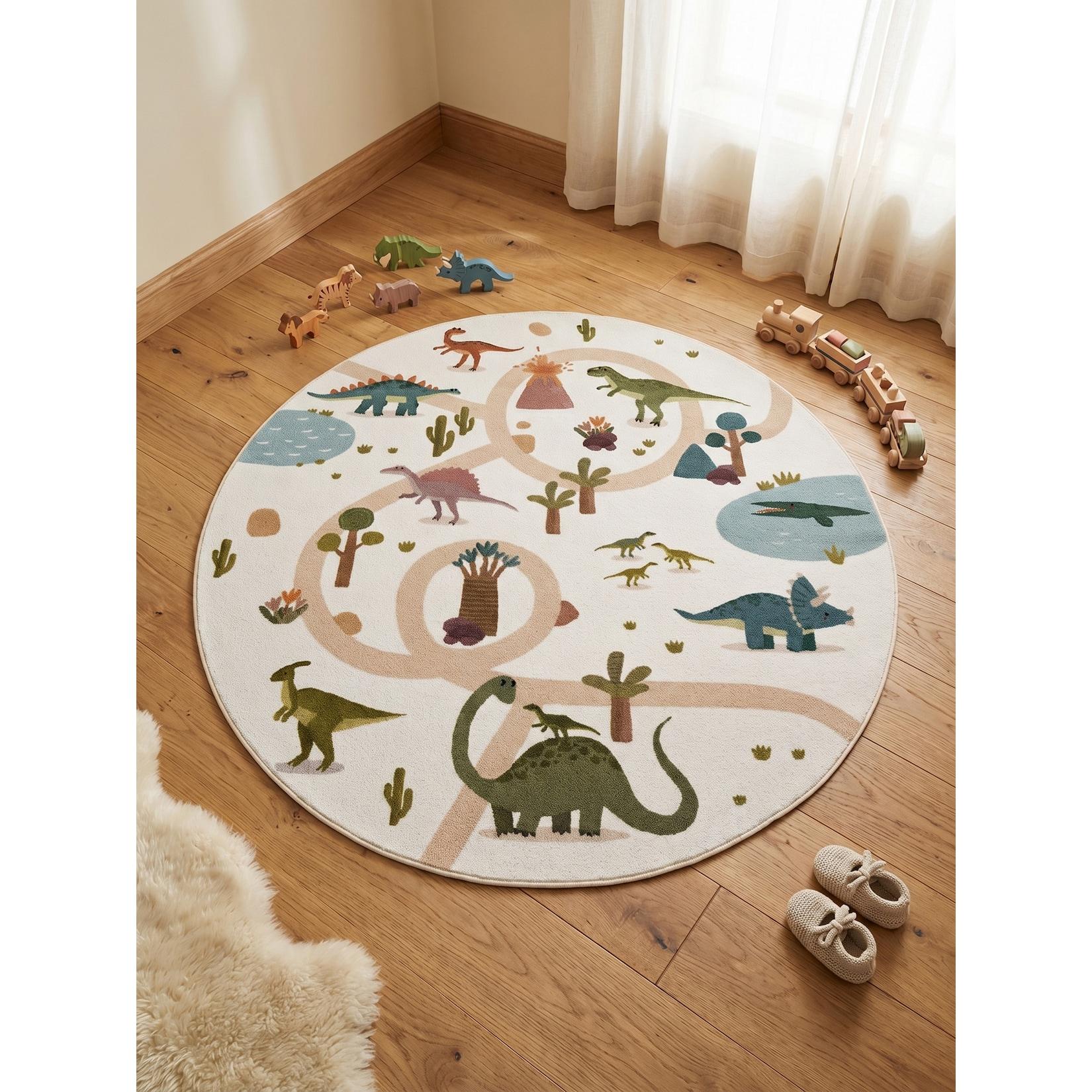 Spielteppich Waschbar TINO in Creme, mit Dino-Landschaft, Ø 160 cm
