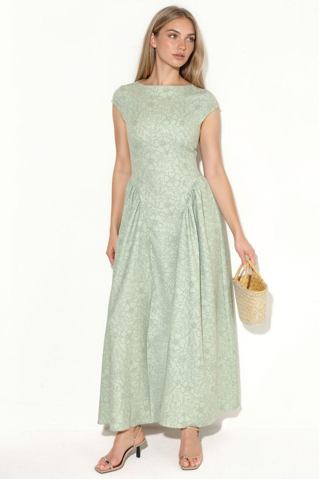 Boot-Ausschnitt Blumen-Jacquard Maxi-Kleid