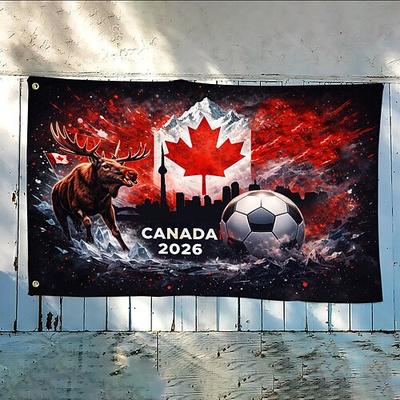 Kanada-Flagge 2026 – mit majestätischem Elch, ikonischem Ahornblatt und Fußball Stadtbild, beeindruckende Kunstwerke, hochwertige Stoffe