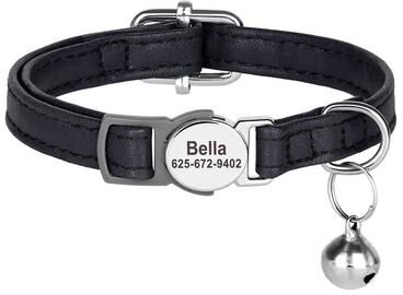 Uplift Picks Personalized PU Leather Cat Collar With Engraved ID Nameplate black