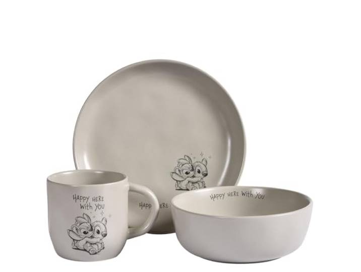Fyrklövern Stitch & Angel Geschirr-Set, Disney, 3-tlg., Teller, Tasse, Schale, Steinzeug, Spülmaschinenfest, Seidenmatte Glasur, inkl. Geschenkbox, Grau