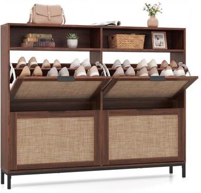 Costway Shoe Storage Cabinet with 4 Flip Drawers Narrow Freestanding Shoe Organizer with Adjustable Shelves-Brown