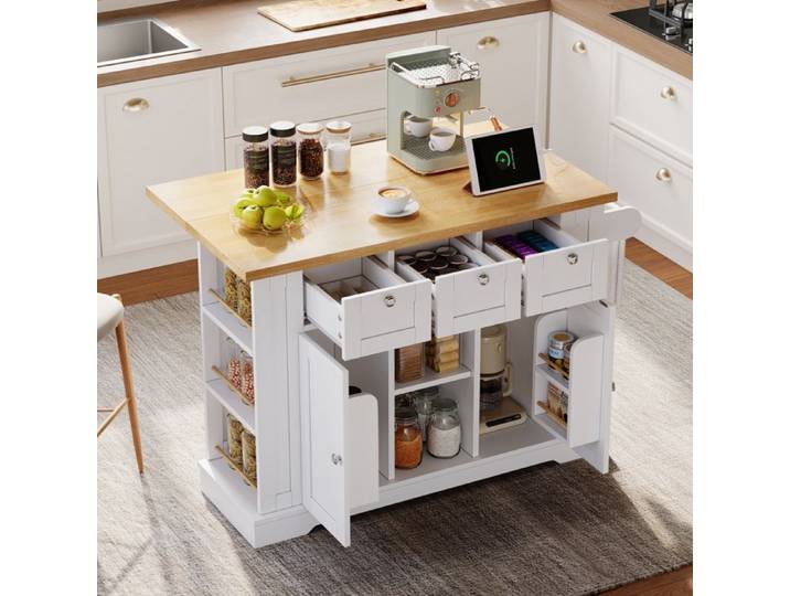 Desserte de cuisine mobile plan de travail rabattable 3 tiroirs 2 portes - BEAUNIV - Cuisine 132 × 40(70) × 87 cm
