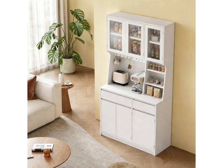 Armoire de cuisine, buffet, armoire haute avec prises et éclairage LED, avec plans de travail et deux tiroirs