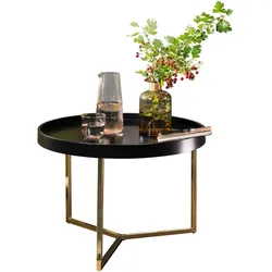 COUCHTISCH Metall Rund, Retro Design, Modern mit Holzplatte, Schwarz 58x58x42 cm