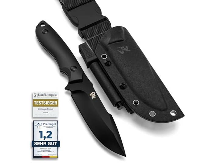 ODENWOLF Outdoor-Messer AMBULO mit Kydex Holster - Edles Jagdmesser aus einem Stück D2 Stahl gefertigt - DAS Bushcraft Messer - Perfektes Survival Messer (Komplett Schwarz)