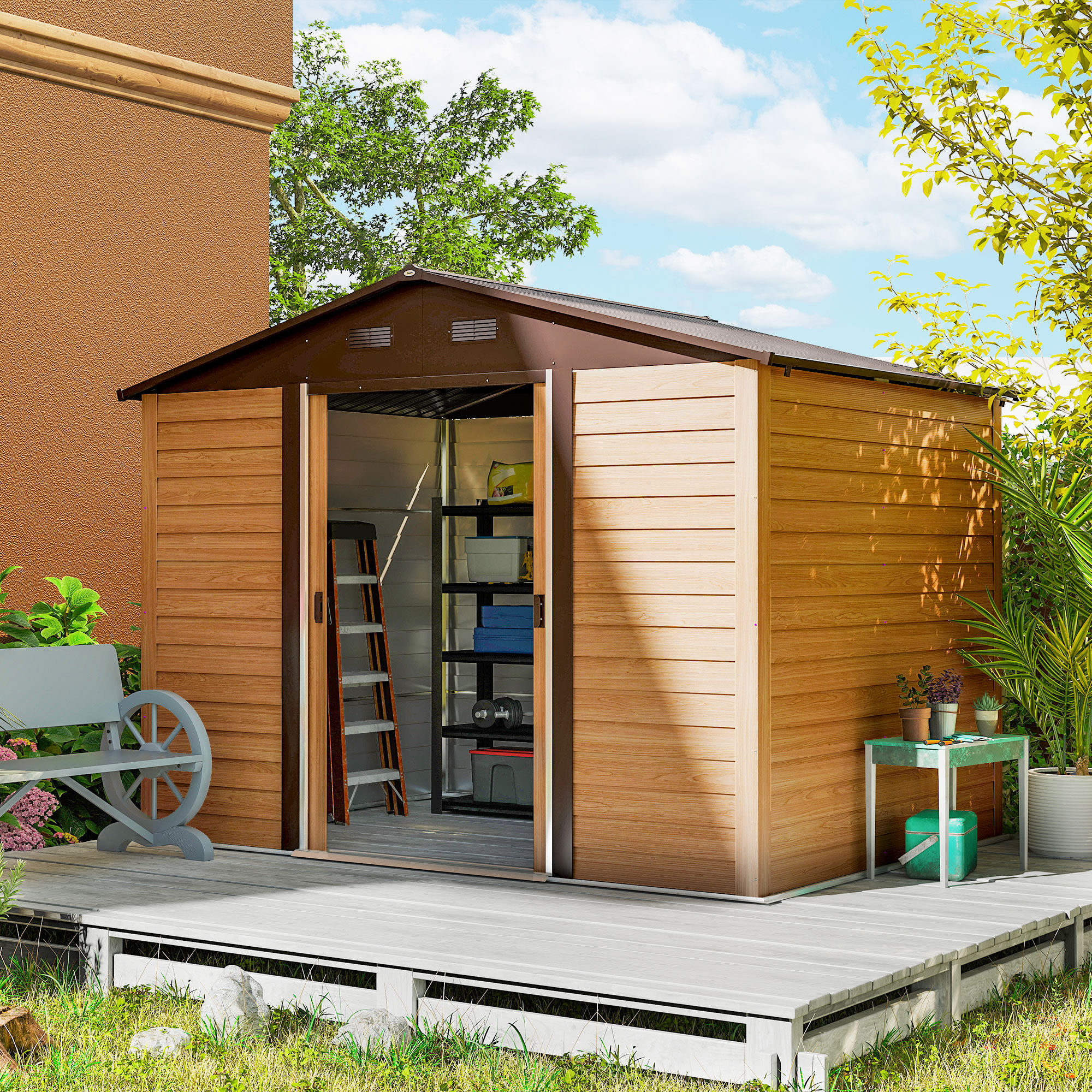 Altro Casetta Da Giardino In Acciaio Effetto Legno E Doppie Porte Scorrevoli, 278x195x215 Cm, Marrone