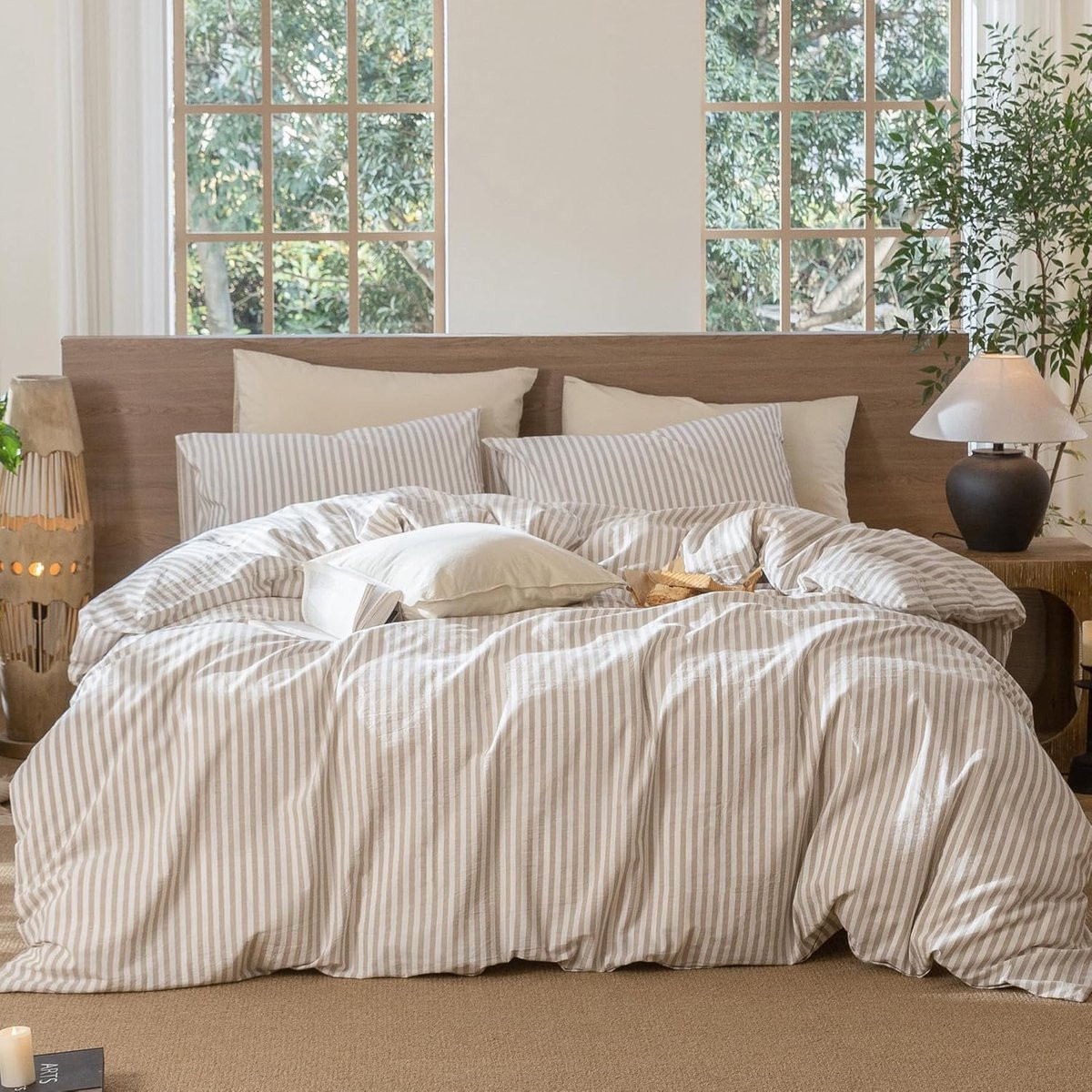 SnelShoppen Beddengoedset gestreept beige wit, 100% katoen, 135 x 200 cm