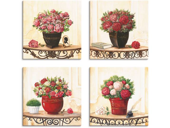 Leinwandbild ARTLAND Hortensien Nelken Rosen Pfingstrosen , beige (farbe bild(er): naturfarben), B:40cm H:40cm, Leinwand, MDF, Bilder, Leinwandbild, 4er Set, verschiedene Grössen