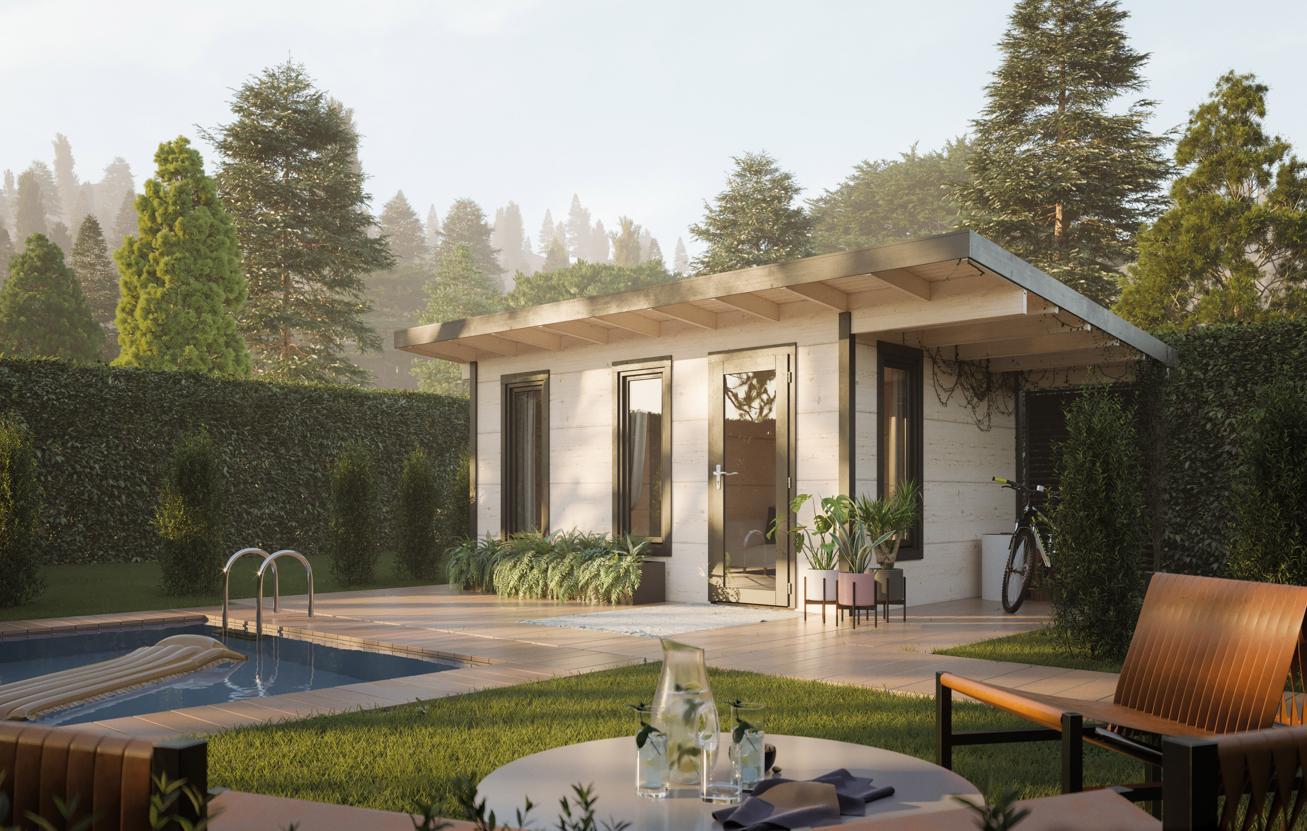 Palmako Premium Gartenhaus Grace 12,4 m² inkl. 4,1 m² Anbau - 56 mm naturbelassen