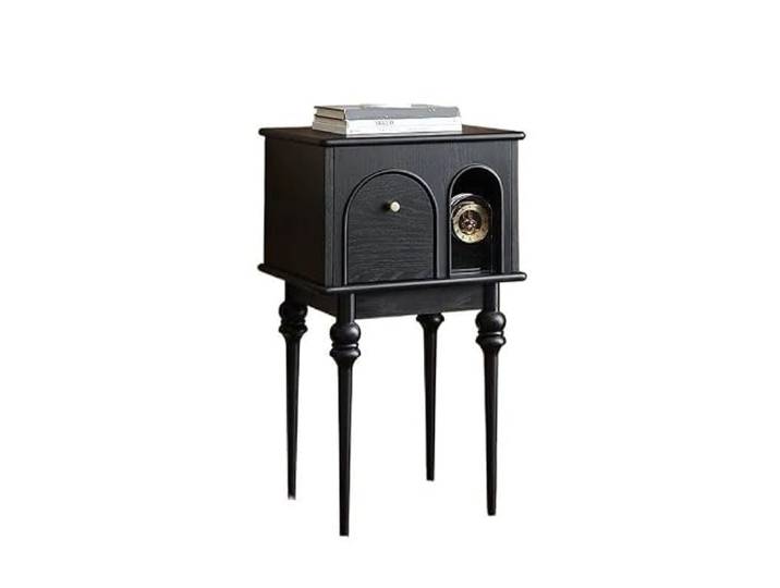 Bettschrank mit Stauraum, Vintage-Stil, Massivholz, Nachttisch mit offener Geschwungenes Cut-Out-Design, schlanke Beine heben den gesamten Schrankkörper (schwarz)