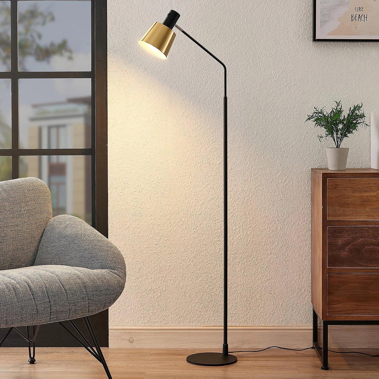 Lindby Vlada Vloerlamp Scandinavisch - Goud/Messing en Zwart - Metaal