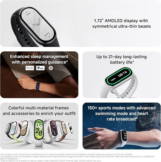 Xiaomi Smart Band 10 Fitness Tracker, 1.72" AMOLED, 21-Day Battery, 5ATM - Silver